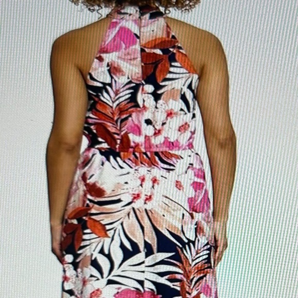 NWT Maggy London Tropical Floral Linen Halter Dress Midi Dress Cinched Waist - Picture 2 of 3